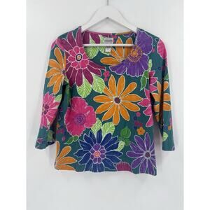 Chicos Vintage Shirt Womens Medium Multicolor Floral Retro 1/2 Sleeve Round Neck